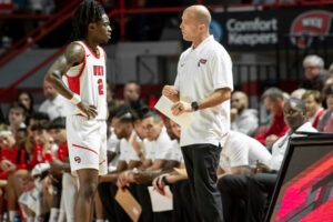 Head coach Steve Lutz and guard Don McHenry(2) of the WKU Hilltoppers at E.A. Diddle Arena on November 18, 2023 in Bowling Green, KY. (Photo by Steve Roberts/WKU Athletics)